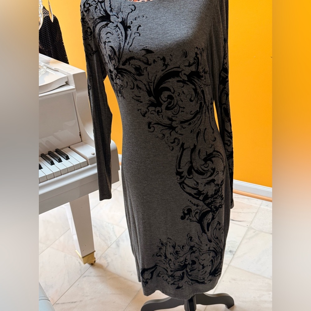 Cache Gray and Black Long Sleeve Dress